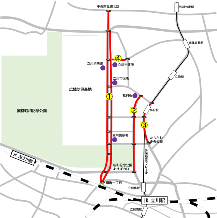 普通自転車歩道通行可の標識が設置されている道路の地図