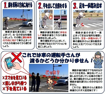 イラスト：横断するときは、3つのアクションをしましょう