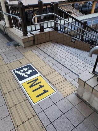 写真：階段に取り付けられたサインとマップにリンクしている番号