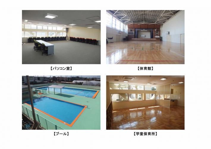 写真：第九小学校校内の様子（パソコン室・体育館・プール・学童保育所）