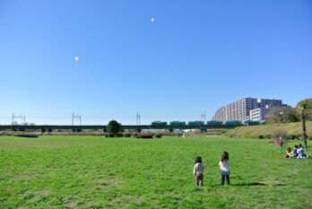 写真：凧あげをする子供たち